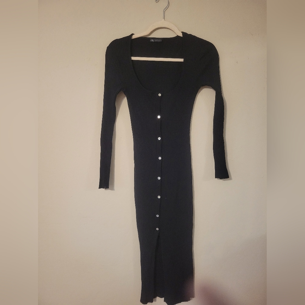 Zara Black Long Sleeve Button-Front Dress